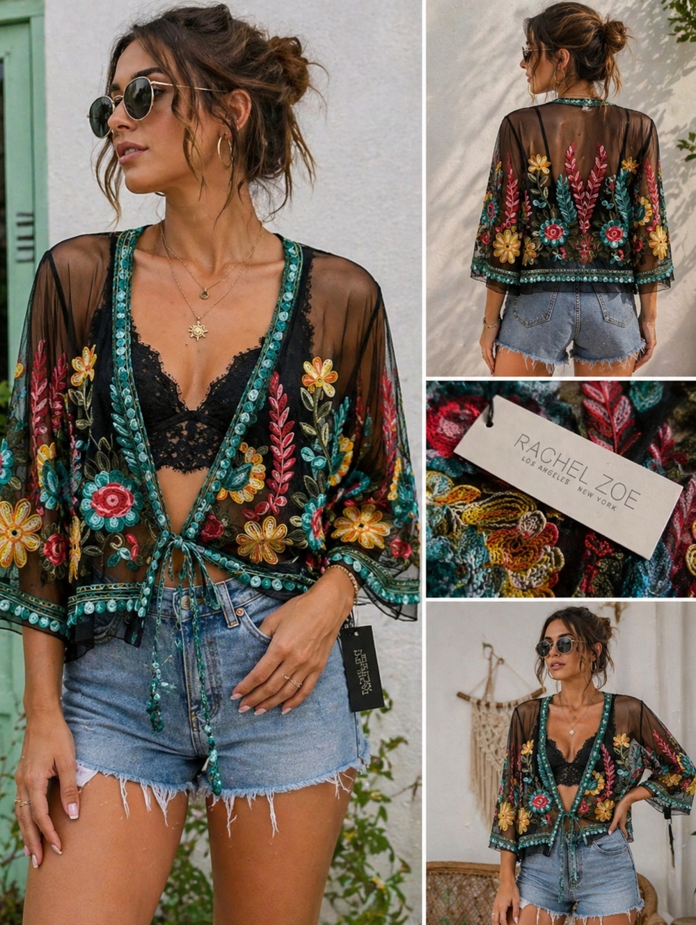 Rachel Zoe Embroidered Sheer Kimono Wrap Top Floral Boholuxury Festival NWT - Picture 2 of 10